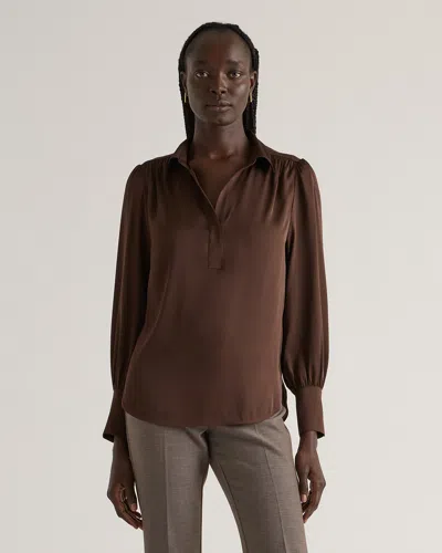 Quince Women's Washable Stretch Silk Split Neck Blouse In Hot Fudge