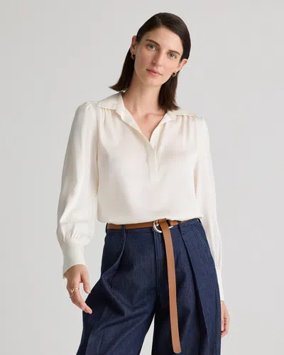Quince Women's Washable Stretch Silk Split Neck Blouse In Ivory
