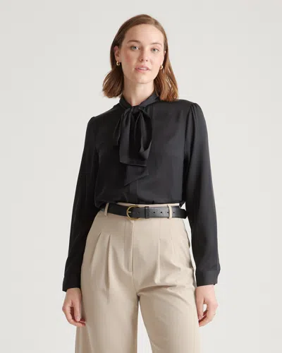 Quince Women's Washable Stretch Silk Tie Neck Blouse In Black