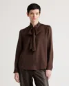 Quince Women's Washable Stretch Silk Tie Neck Blouse In Hot Fudge