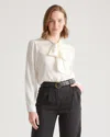 Quince Women's Washable Stretch Silk Tie Neck Blouse In Ivory