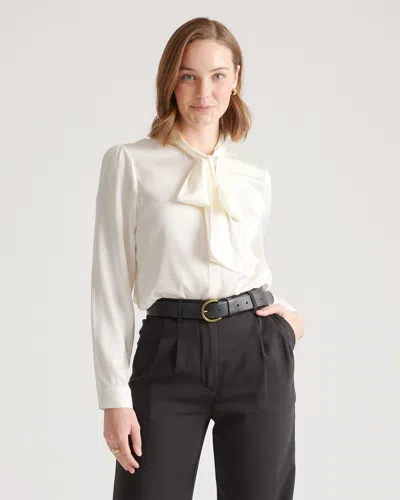Quince Women's Washable Stretch Silk Tie Neck Blouse In Ivory