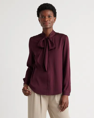 Quince Women's Washable Stretch Silk Tie Neck Blouse In Wine Tasting Red