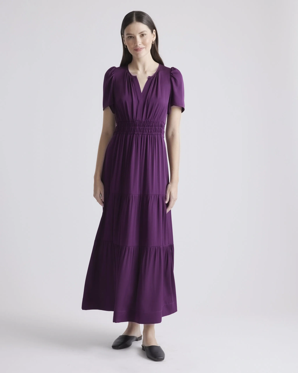 Quince Women's Washable Stretch Silk Tiered Maxi Dress In Aubergine |  ModeSens