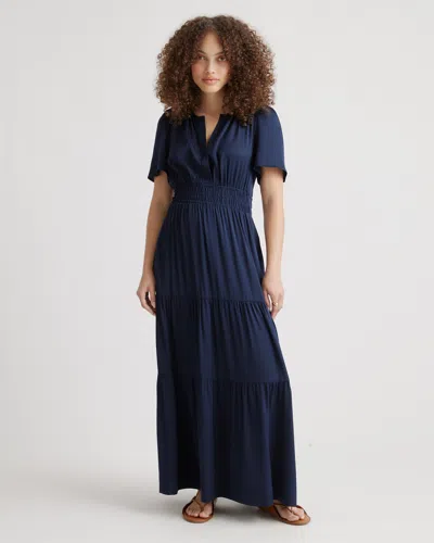 Quince Women's Washable Stretch Silk Tiered Maxi Dress In Navy