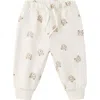 Quincy Mae Brown Bear Print Relaxed Stretch Organic Cotton Sweatpants In White