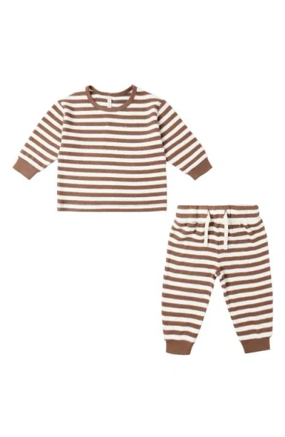 Quincy Mae Babies'  Cedar Stripe Cozy Top & Sweatpants Set In Brown
