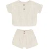 Quincy Mae Grid Print Organic Cotton Henley T-shirt & Shorts Set In Neutral