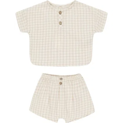 Quincy Mae Babies'  Grid Print Organic Cotton Henley T-shirt & Shorts Set In Neutral