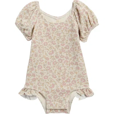 Quincy Mae Babies'  Kids' Catalina Puff Sleeve Piqué Upf 50+ One-piece Swimsuit In Brown