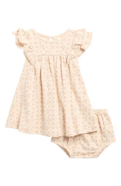Quincy Mae Babies'  Lace Trim Ruffle Organic Cotton Dress With Bloomers In Brown