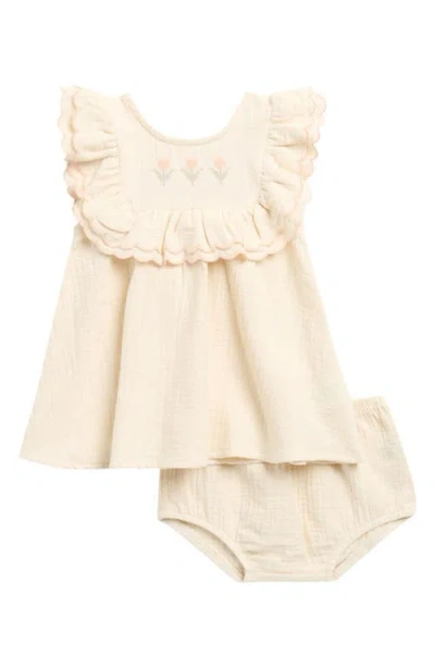 Quincy Mae Babies'  Lulu Scalloped Trim Ruffle Organic Cotton Dress With Bloomers In Nude