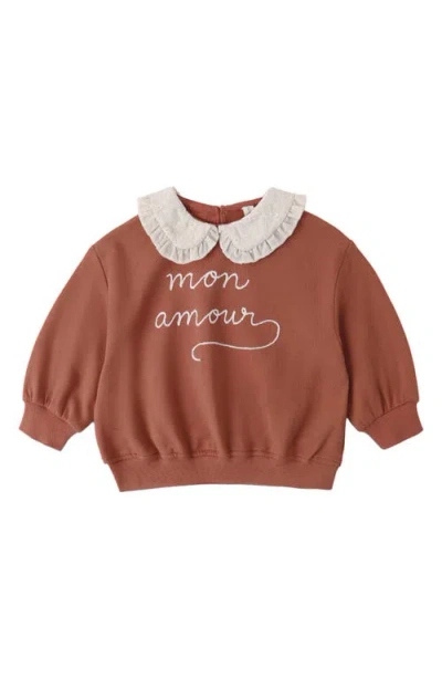Quincy Mae Babies'  Mon Amour Cotton Collared Graphic Sweatshirt In Brown