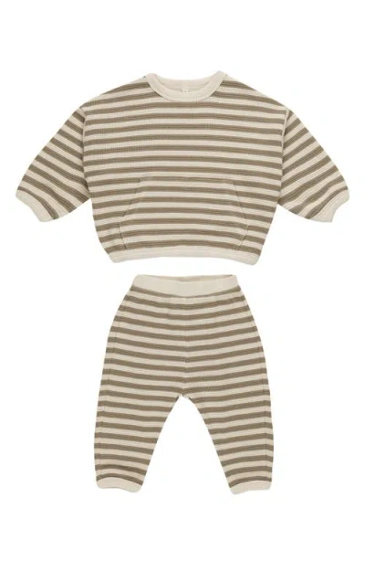 Quincy Mae Babies'  Olive Stripe Waffle Knit Shirt & Pants In Neutral