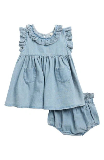 Quincy Mae Babies'  Sophie Eyelet Ruffle Organic Cotton Dress With Bloomers In Blue