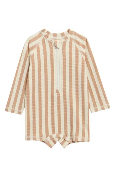 Quincy Mae Babies'  Stripe Long Sleeve Upf 50+ One-piece Rashguard Swimsuit In Brown