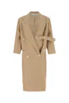 Quira Wool Overcoat With Embroidered Belt And Checks In Beige