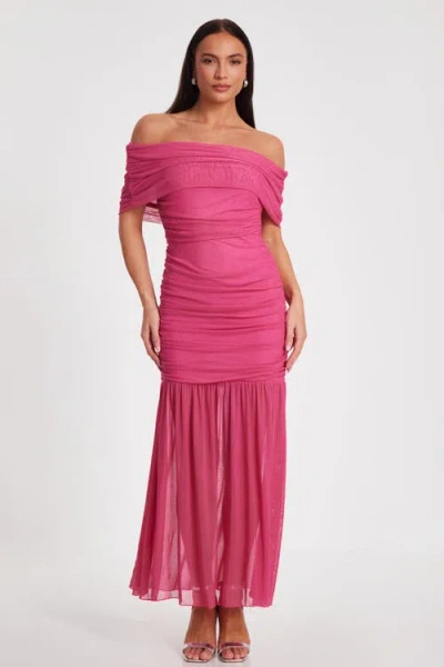 Quiz Bardot Mesh Maxi Dress In Hot Pink