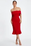 Quiz Bardot Midi Dress With Frilled Hem In Red