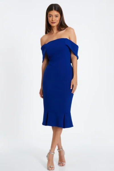 Quiz Bardot Midi Dress With Frilled Hem In Royal Blue