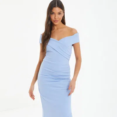 Quiz Bardot Wrap Slit Maxi Dress In Blue