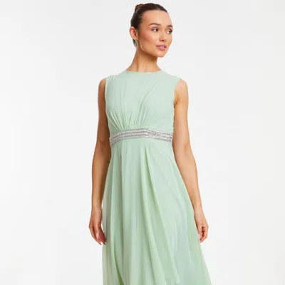 Quiz Chiffon Embellished Round Neck Evening Dress In Green