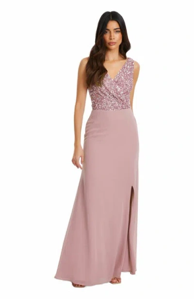 Quiz Chiffon Embellished Wrap Maxi Dress In Pink