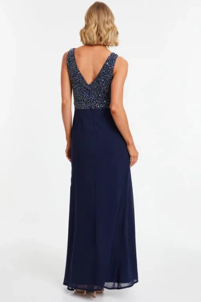 Quiz Chiffon Embellished Wrap Split Evening Dress In Blue