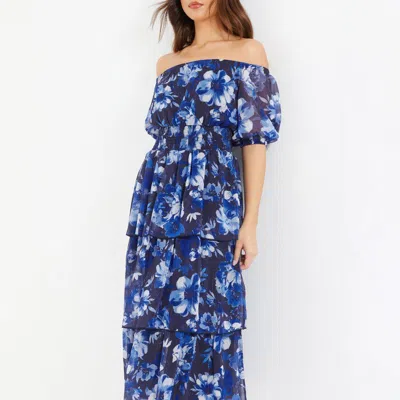 Quiz Chiffon Floral Bardot Tiered Midi Dress In Blue