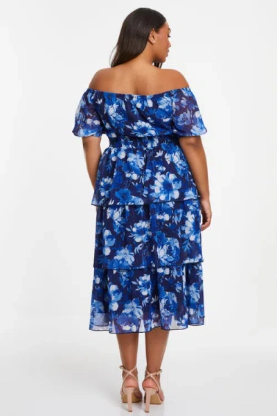 Quiz Chiffon Floral Bardot Tiered Midi Dress In Blue
