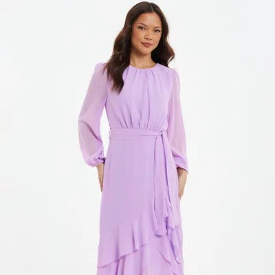 Quiz Chiffon Frill Detail Long Sleeve Midi Dress In Purple