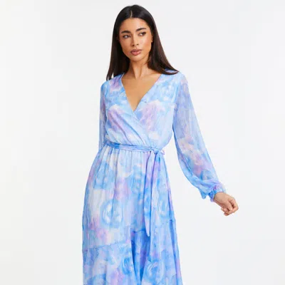 Quiz Chiffon Water Color Long Sleeve Maxi Dress In Blue