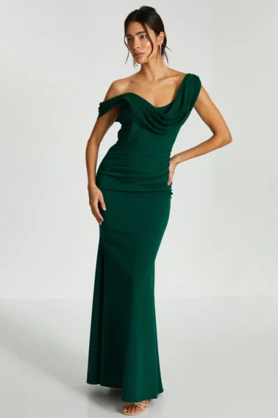 Quiz Chiffon/scuba Crepe Asymmetric Cowl Neck Maxi Dress In Green