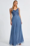 Quiz Cowl Neck Mesh Skirt Maxi Dress In Blue