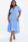 Quiz Crepe Tiered Wrap Dip Hem Dress In Blue