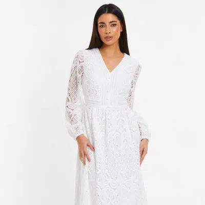 Quiz Crochet Lace Long Sleeve Midi Dress In White