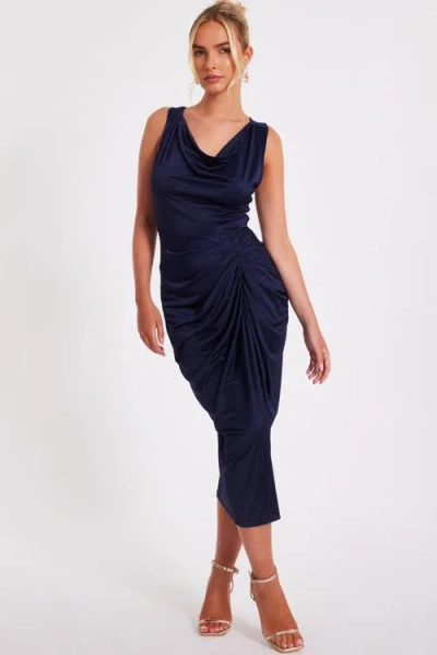 Quiz Disco Cowl Hardware Detail Back Ruched Midi Dress In Blue