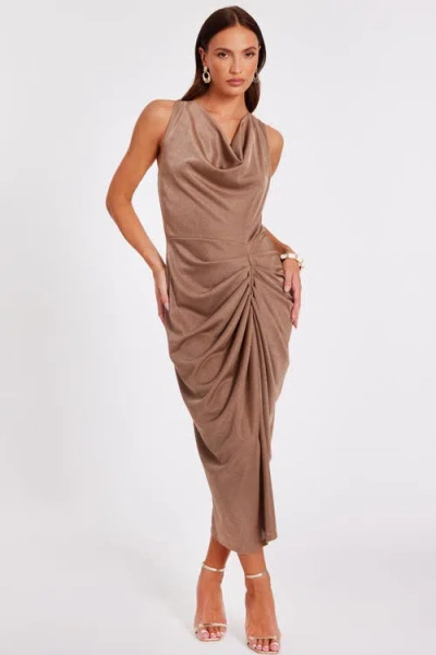 Quiz Disco Cowl Hardware Detail Back Ruched Midi Dress In Brown