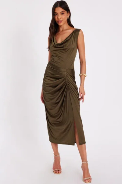 Quiz Disco Cowl Hardware Detail Back Ruched Midi Dress In Brown