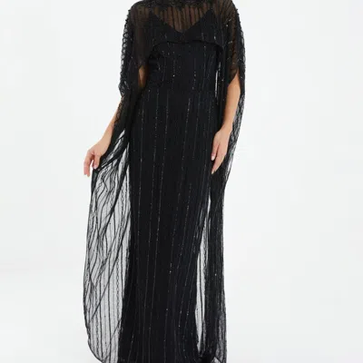 Quiz Embelleshed Mesh Evening Dress With Detachable Cape In Black