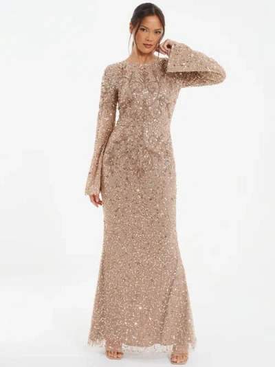 Quiz Embellished Flutter Sleeve Evening Dress In Brown