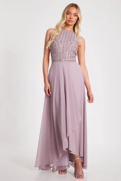 Quiz Embellished High Neck Chiffon Skirt Maxi In Lilac
