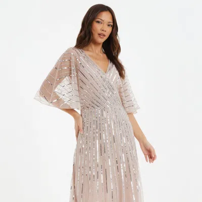 Quiz Embellished Sequin Evening Dress In Neutral