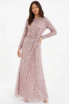 Quiz Embellished Twist Detail Evening Dress In Pink