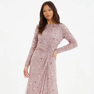 Quiz Embellished Twist Detail Evening Dress In Pink
