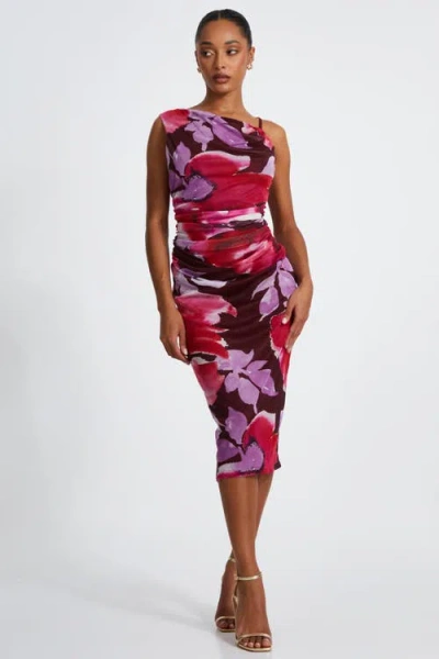 Quiz Floral Asymmetric Ruched Maxi Dress In Berry
