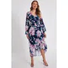 Quiz Floral Chiffon Glitter Long Sleeve Maxi Dress In Navy
