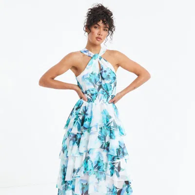 Quiz Floral Chiffon Halterneck Keyhole Tiered Dress In Blue