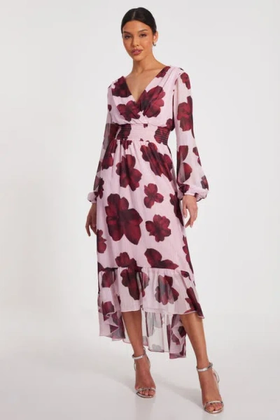 Quiz Floral Midi Dip Hem Dress In Blush