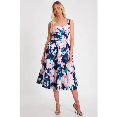 Quiz Floral Scuba Foam Square Neck Maxi Skater In Navy